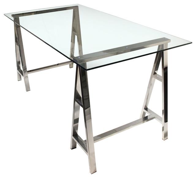 Desk With Clear, Tempered Glass Top, Stainless Steel