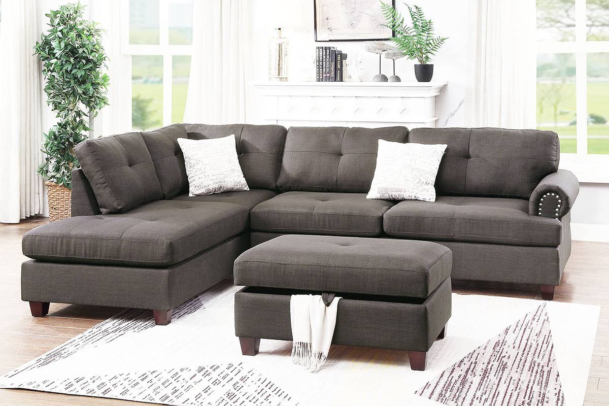 Ash Black Sectional Sofa with Storage Ottoman