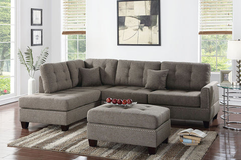 Studded 3-Piece Sectional Sofa in Coffee with Ottoman