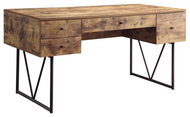 Industrial Writing Desk w/ 4 Drawers, Antique Nutmeg Finish